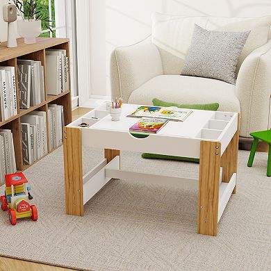 GOMYHOME Kids 2-in-1 Activity Table with Storage, MDF LEGO Compatible Play Table, White/Green