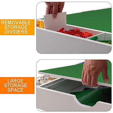 GOMYHOME Kids 2-in-1 Activity Table with Storage, MDF LEGO Compatible Play Table, White/Green
