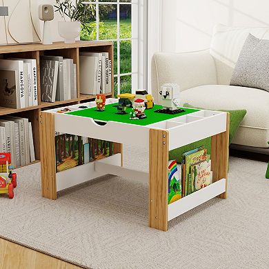 GOMYHOME Kids 2-in-1 Activity Table with Storage, MDF LEGO Compatible Play Table, White/Green