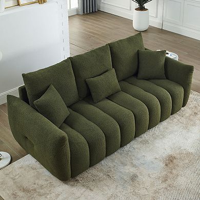 GOMYHOME 79.5" Teddy Fabric 3-Seater Sofa, Upholstered Modern Couch with Wood Frame, Green