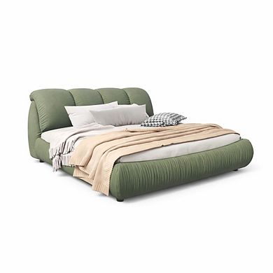 GOMYHOME King Upholstered Platform Bed with Padded Headboard, Solid Wood Frame, Green