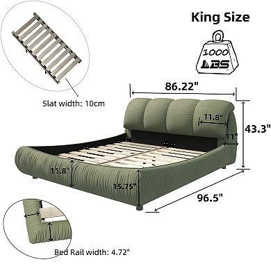GOMYHOME King Upholstered Platform Bed with Padded Headboard, Solid Wood Frame, Green