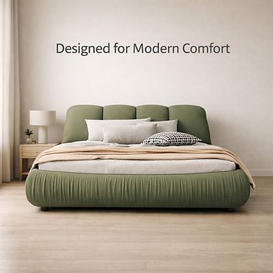 GOMYHOME King Upholstered Platform Bed with Padded Headboard, Solid Wood Frame, Green