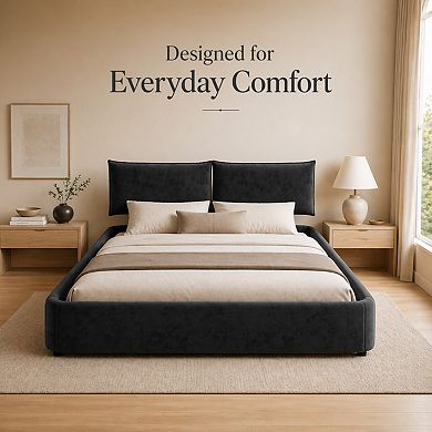 GOMYHOME King Chenille Upholstered Platform Bed Frame with Adjustable Headboard, Wood Slats