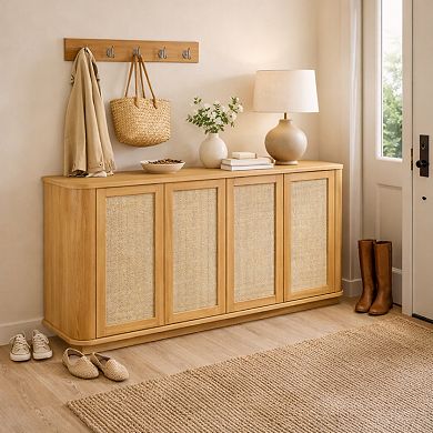 GOMYHOME 64” Rattan Door Dining Sideboard Cabinet with Rounded Corners