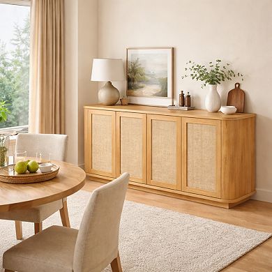 GOMYHOME 64” Rattan Door Dining Sideboard Cabinet with Rounded Corners