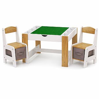 GOMYHOME Kids 2-in-1 Activity Table Set with Storage, MDF LEGO Play Table & 2 Chairs, White/Green