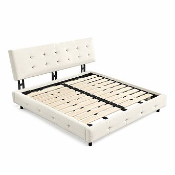 GOMYHOME Queen Upholstered Platform Bed, Chenille Tufted Headboard, Wood Slats
