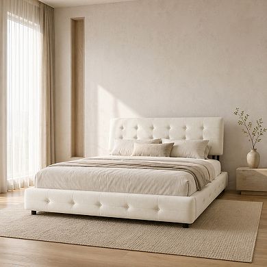 GOMYHOME Queen Upholstered Platform Bed, Chenille Tufted Headboard, Wood Slats