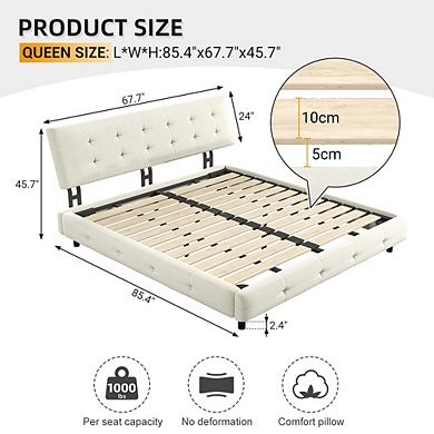 GOMYHOME Queen Upholstered Platform Bed, Chenille Tufted Headboard, Wood Slats