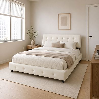 GOMYHOME Queen Upholstered Platform Bed, Chenille Tufted Headboard, Wood Slats