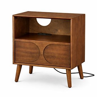 GOMYHOME Mid-Century Modern Nightstand with Charging Station, Drawer & Open Shelf, Walnut