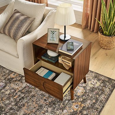 GOMYHOME Mid-Century Modern Nightstand with Charging Station, Drawer & Open Shelf, Walnut