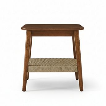 GOMYHOME 23" Mid-Century Side Table with Woven Shelf, Solid Wood Legs, Dark Walnut