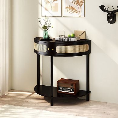GOMYHOME Corner Console Table with Rattan Cabinet, Small Space Entryway Storage