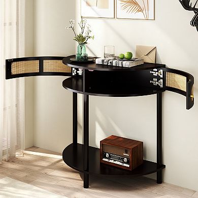 GOMYHOME Corner Console Table with Rattan Cabinet, Small Space Entryway Storage