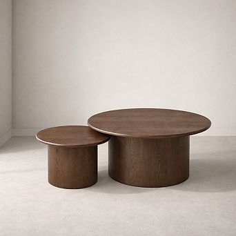 GOMYHOME Round Coffee Table Set of 2, MDF Nesting Tables, Walnut Finish