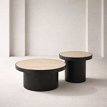 GOMYHOME Round Coffee Table Set of 2, Sintered Stone Top MDF Base Nesting Tables Black