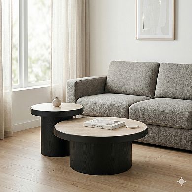 GOMYHOME Round Coffee Table Set of 2, Sintered Stone Top MDF Base Nesting Tables Black