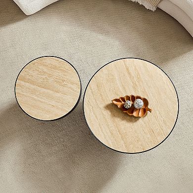 GOMYHOME Round Coffee Table Set of 2, Sintered Stone Top MDF Base Nesting Tables Black