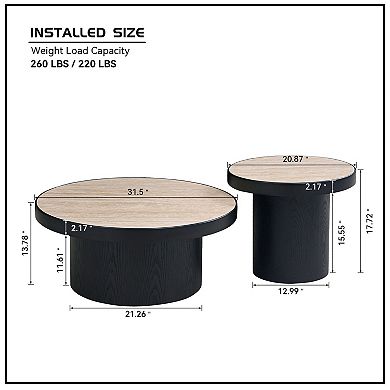 GOMYHOME Round Coffee Table Set of 2, Sintered Stone Top MDF Base Nesting Tables Black