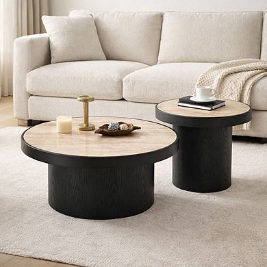 GOMYHOME Round Coffee Table Set of 2, Sintered Stone Top MDF Base Nesting Tables Black