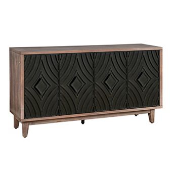 GOMYHOME 60" Mid-Century Sideboard Buffet, 4-Door Antique Black Cabinet with Solid Wood Legs