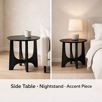 GOMYHOME Round Accent Side Table, 25.2” Black Wood End Table with Sculptural Base