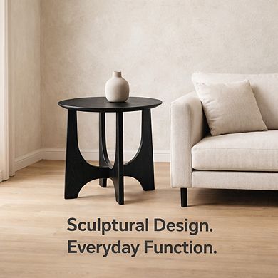 GOMYHOME Round Accent Side Table, 25.2” Black Wood End Table with Sculptural Base