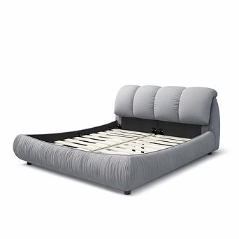 GOMYHOME Queen Upholstered Platform Bed with Padded Headboard and Solid Wood Frame, Grey