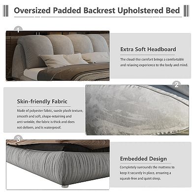 GOMYHOME Queen Upholstered Platform Bed with Padded Headboard and Solid Wood Frame, Grey