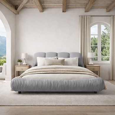 GOMYHOME Queen Upholstered Platform Bed with Padded Headboard and Solid Wood Frame, Grey