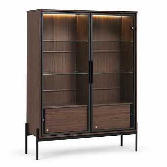 GOMYHOME Glass Display Cabinet with LED Lights, 2 Doors & Drawers, MDF Walnut Storage Cabinet
