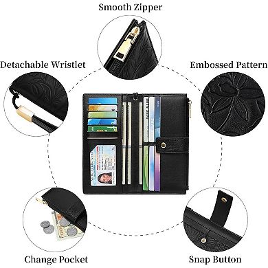 Women's Bifold Wallet RFID Blocking, PU Leather Long Card Holder with Wristlet for Commuting, Travel
