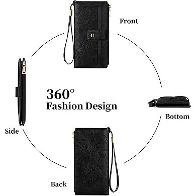 Women's Bifold Wallet RFID Blocking, PU Leather Long Card Holder with Wristlet for Commuting, Travel
