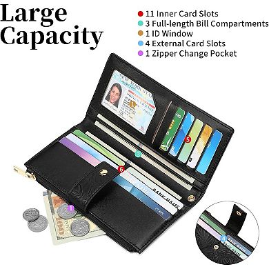 Women's Bifold Wallet RFID Blocking, PU Leather Long Card Holder with Wristlet for Commuting, Travel