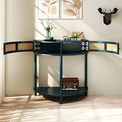 GOMYHOME Rattan Console Table with Storage, Curved Entryway Cabinet, Green