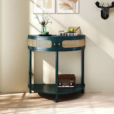 GOMYHOME Rattan Console Table with Storage, Curved Entryway Cabinet, Green