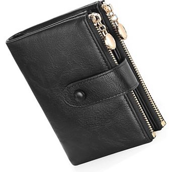 Women's Vintage PU Leather Wallet, RFID Blocking Bifold Purse with Double Zipper for Daily Travel