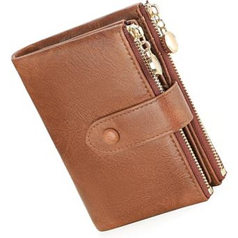 Women's Vintage PU Leather Wallet, RFID Blocking Bifold Purse with Double Zipper for Daily Travel