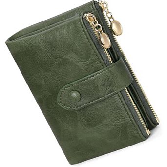 Women's Vintage PU Leather Wallet, RFID Blocking Bifold Purse with Double Zipper for Daily Travel