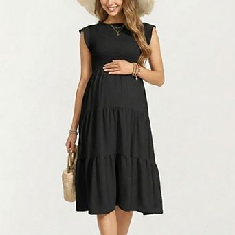 Women's Maternity Smocked Tiered Midi Dress with Cap Sleeves and Round Neck