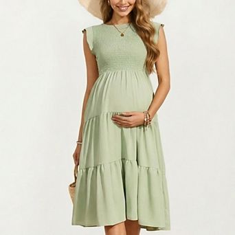 Women's Maternity Smocked Tiered Midi Dress with Cap Sleeves and Round Neck