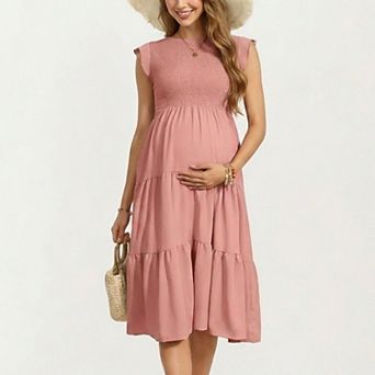 Women's Maternity Smocked Tiered Midi Dress with Cap Sleeves and Round Neck