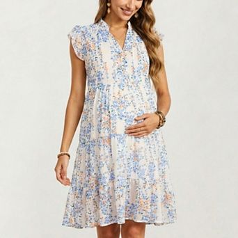 Women's Floral Print Maternity Dress with Flutter Sleeves and Tiered Skirt