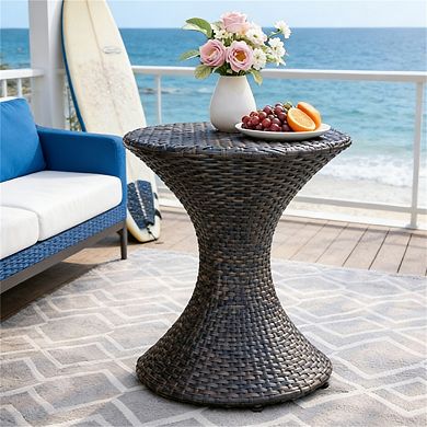16 in. Rattan Outdoor Round Multi-brown Wicker Side Table