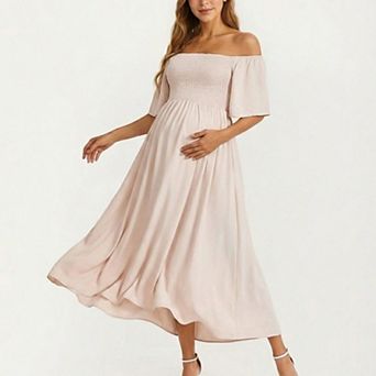 Women's Maternity Off Shoulder Smocked Maxi Dress with Short Sleeves and Flowy Skirt