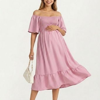 Women's Maternity Off Shoulder Smocked Maxi Dress with Short Sleeves and Flowy Skirt
