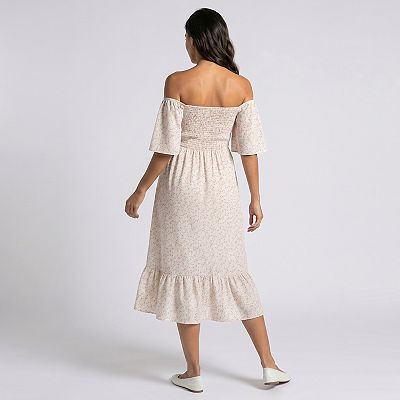 ivory floral embroidered maternity midi dress Ivory Embroidered Floral Puff Sleeve Maternity Midi Dress