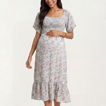 Women's Maternity Floral Square Neck Midi Dress with Smocked Bodice and Flutter Sleeves